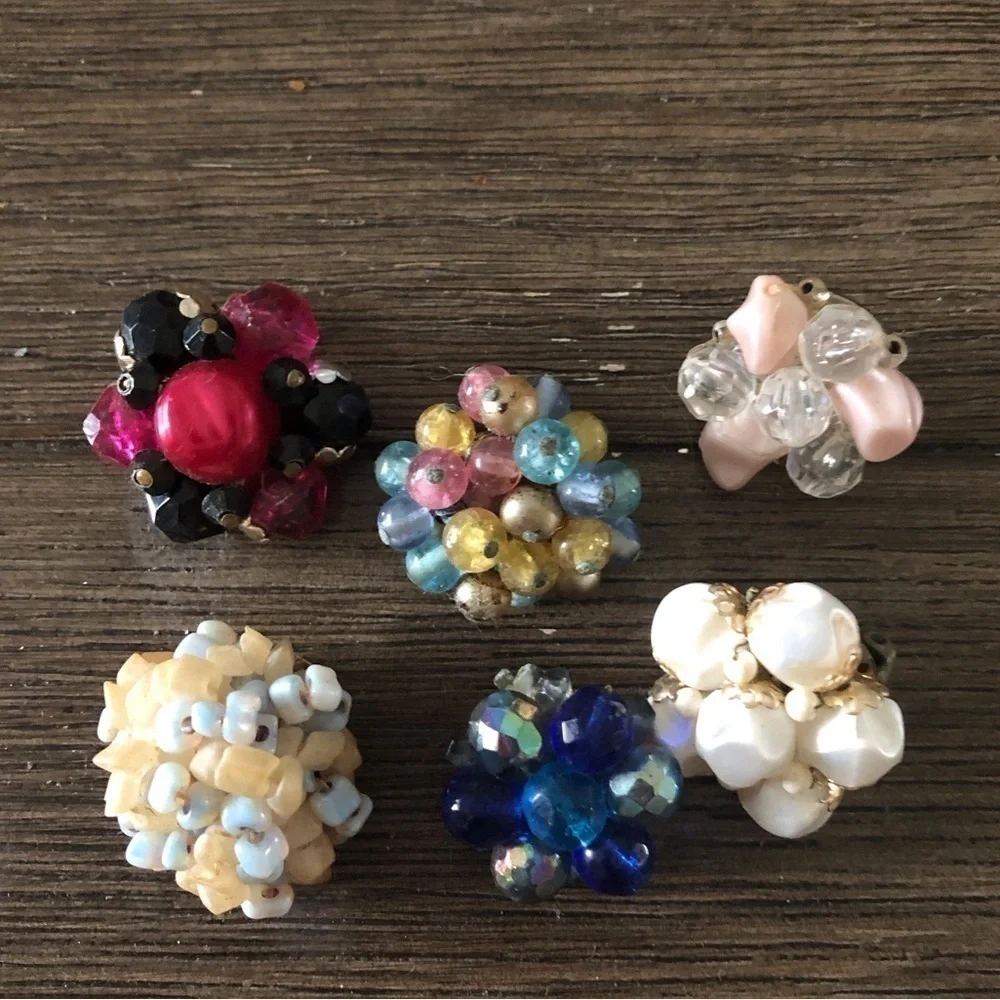 Vintage single beaded clip on earrings set of 6